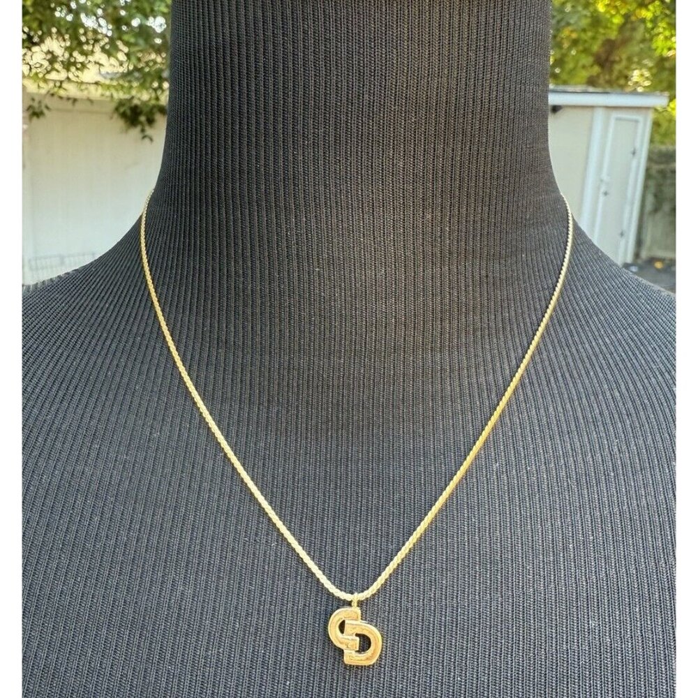Christian Dior Gold Tone Logo Pendant Necklace - Picture 2 of 8